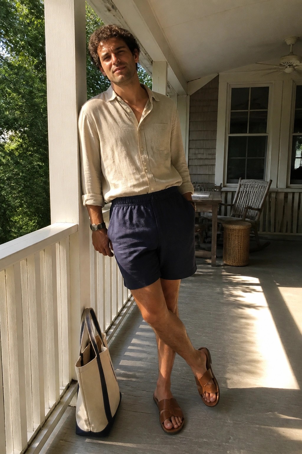 Man in beige shirt and navy shorts on porch beside canvas tote bag