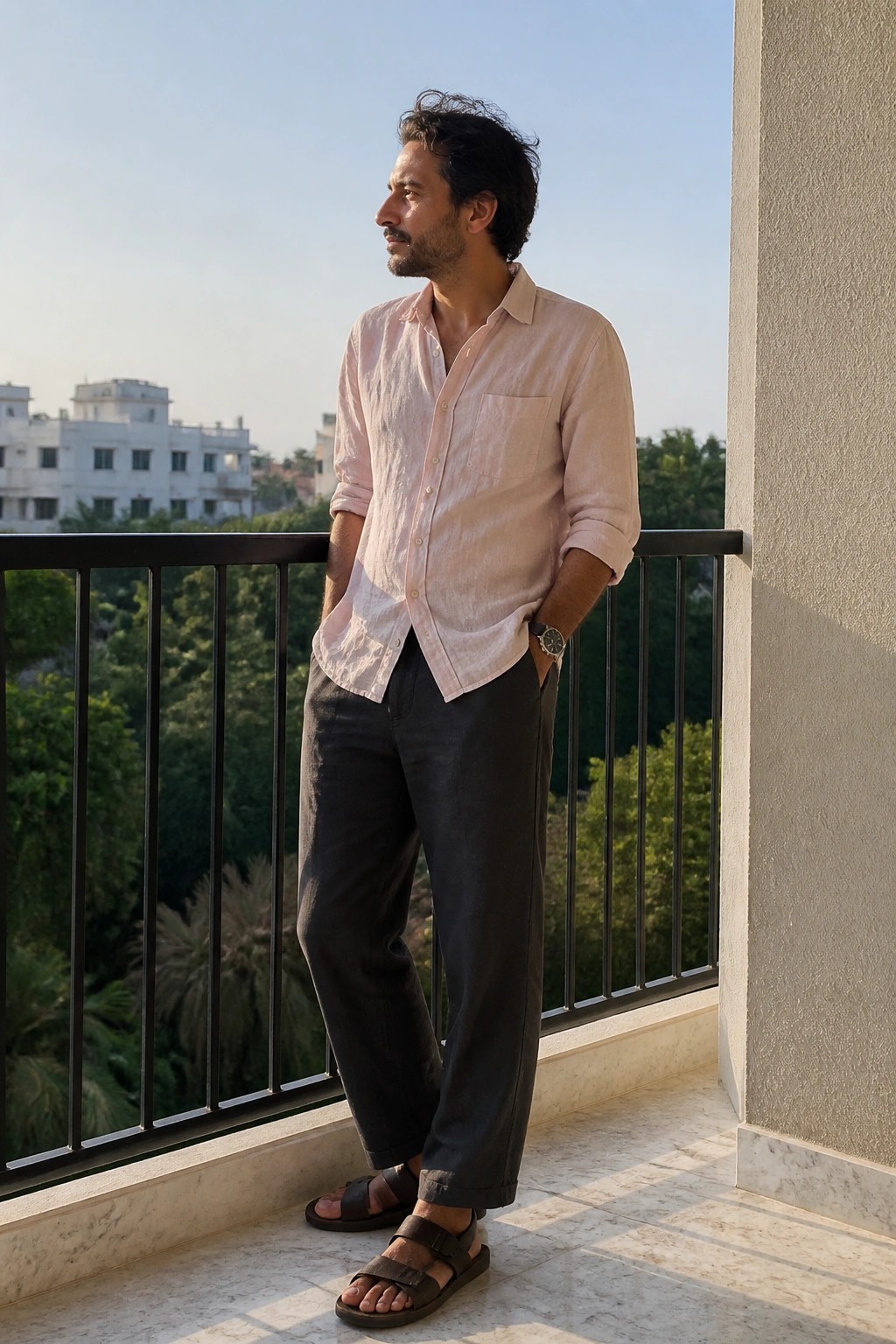 Man in pink shirt and dark pants stands on sunny balcony with city view.
