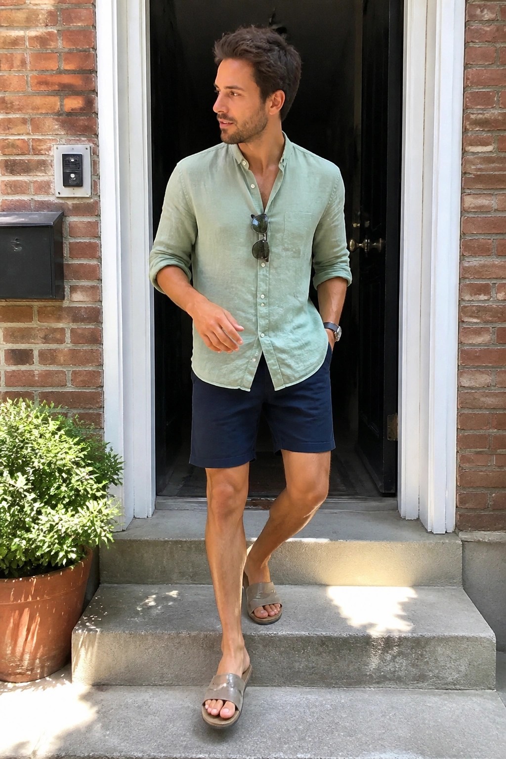 Man in light green shirt and navy shorts on steps outside brick doorway