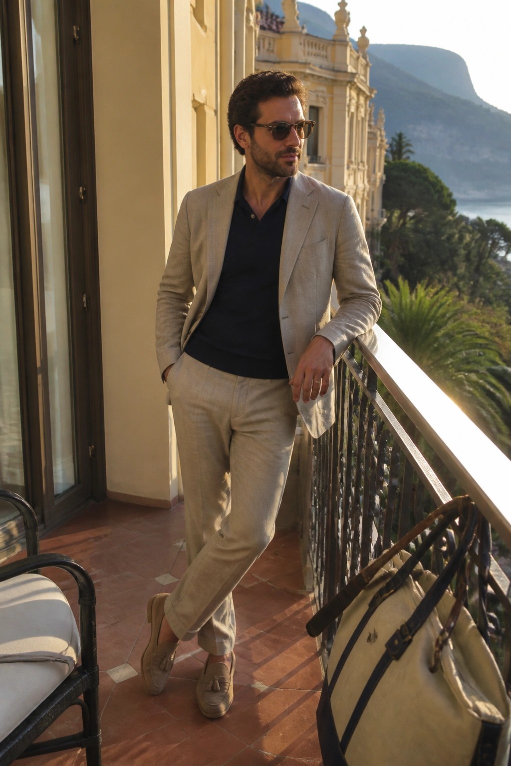 Man in beige suit leaning on sunny balcony railing with sea view