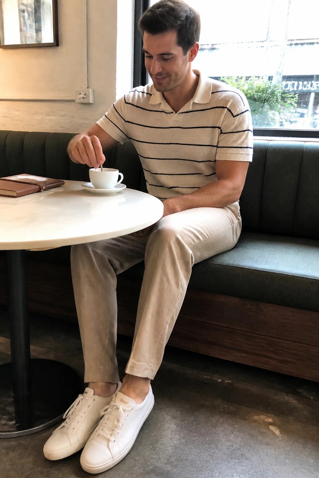 Man in striped polo shirt stirring coffee at round cafe table with notebook