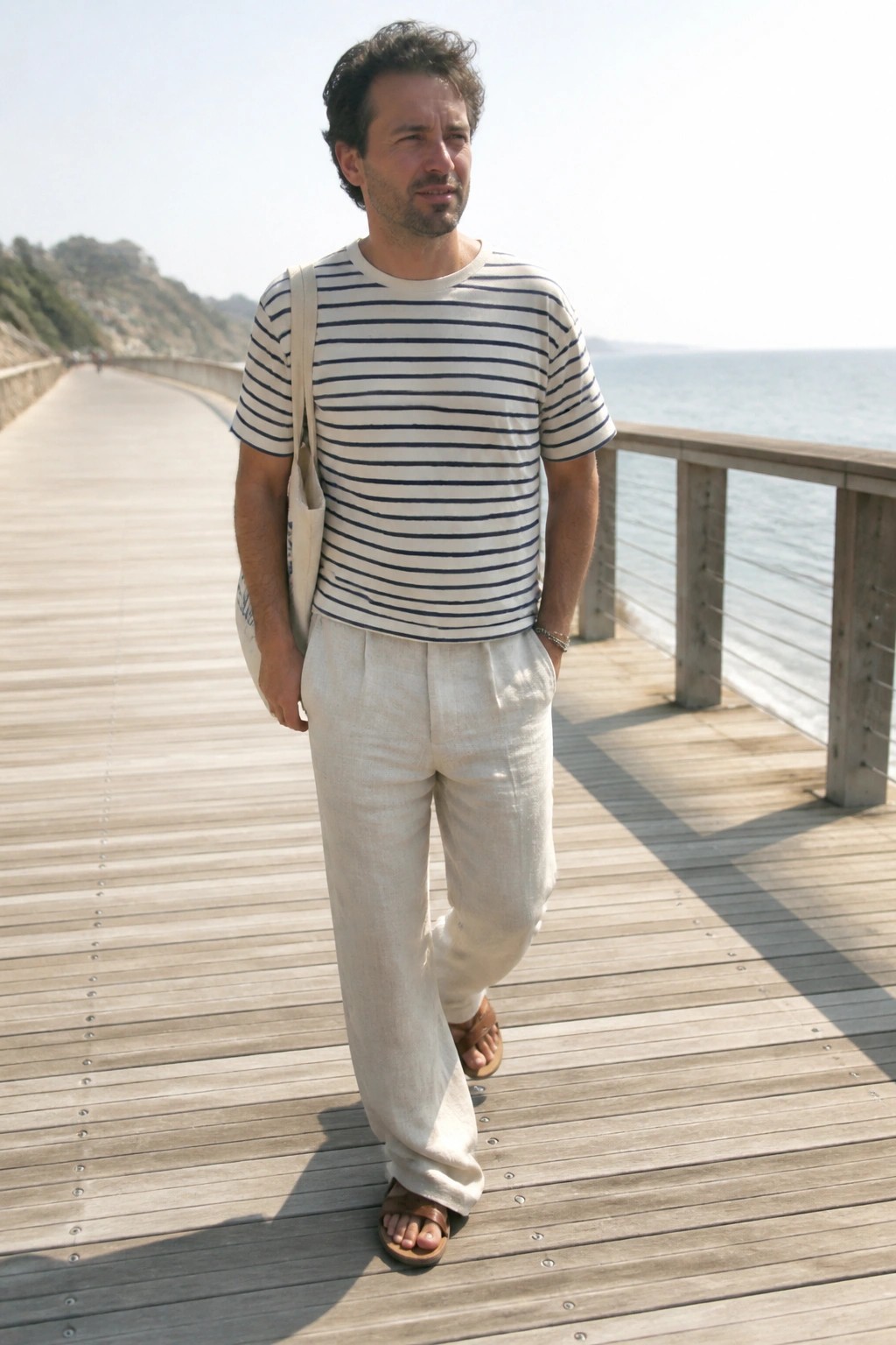 Man in striped shirt and linen pants on wooden seaside pier with tote bag