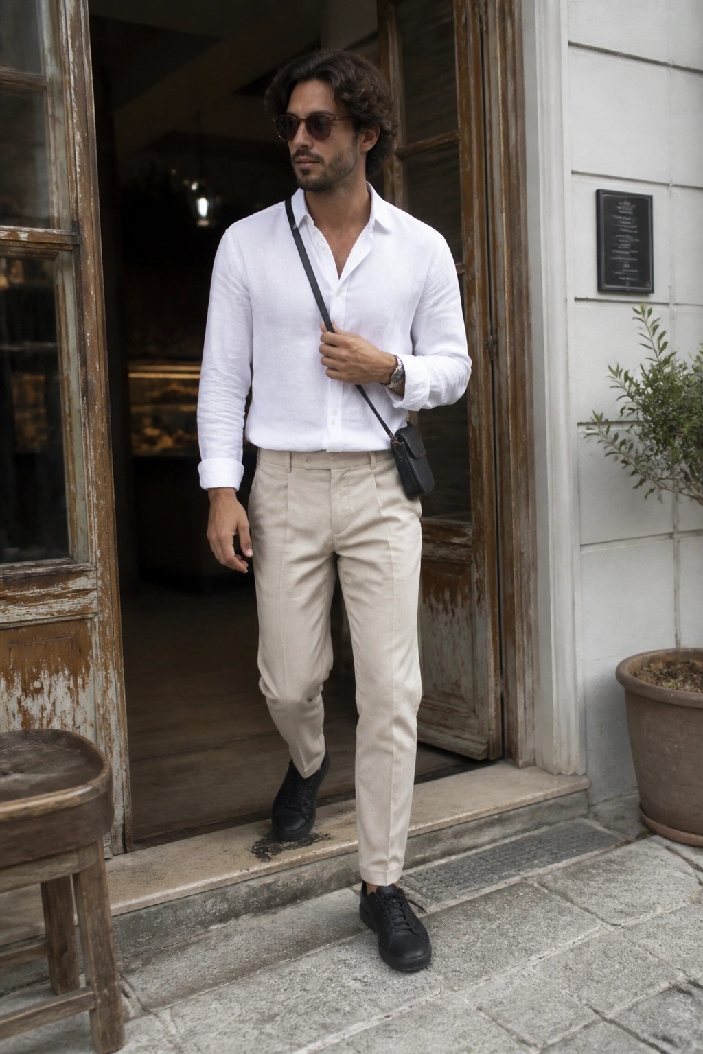 Man in white shirt and beige pants with black bag in rustic doorway.