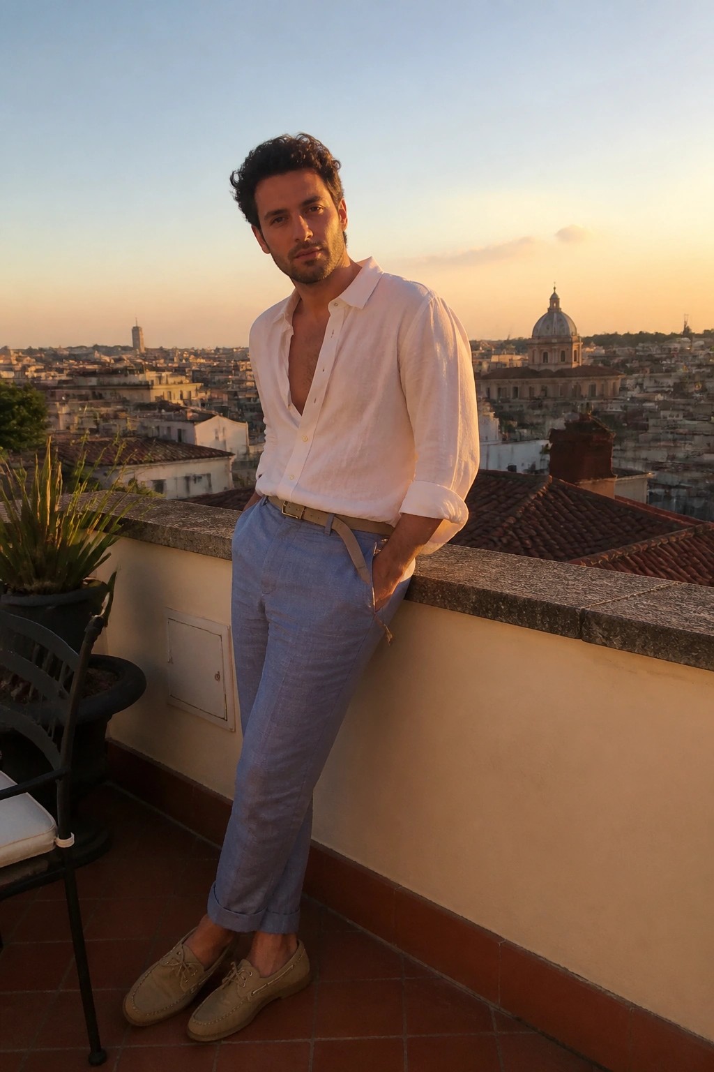 Man in white linen button down shirt open at the collar paired with light blue linen pants cuffed at the ankles, beige belt, and matching boat shoes.