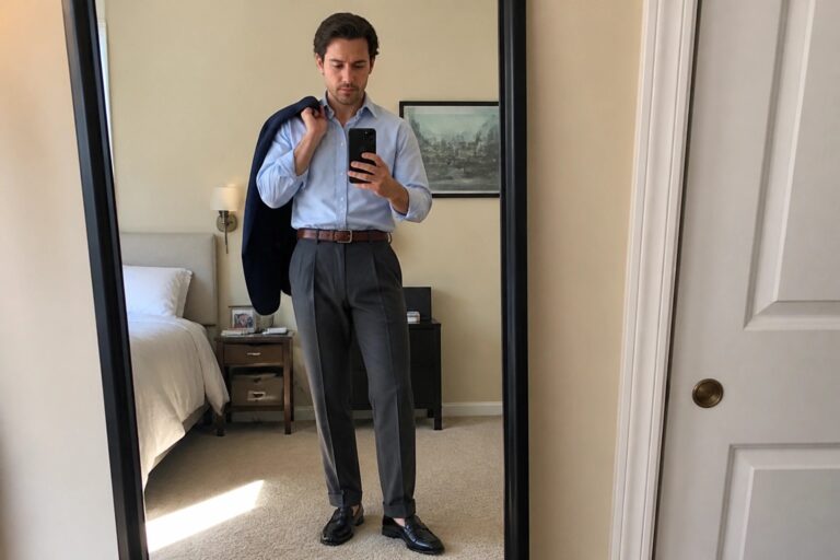 22 Modern Slim Fit Formal Pants for Men With Clean Tailored Lines Man in light blue shirt and gray pants taking mirror selfie holding navy blazer