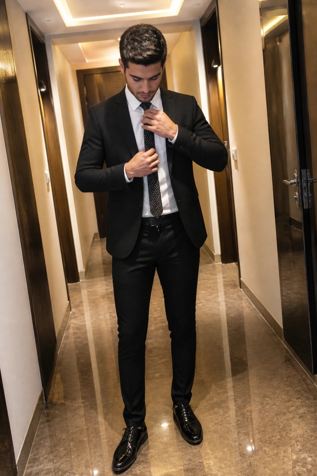 Man in black suit adjusting polka dot tie in marble hallway