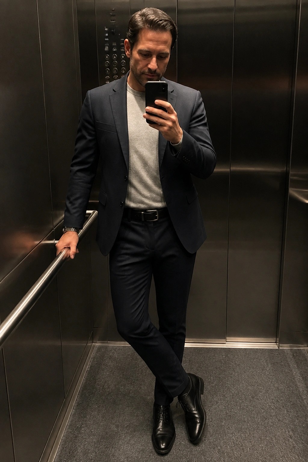 Man in navy suit taking selfie on phone inside stainless steel elevator.