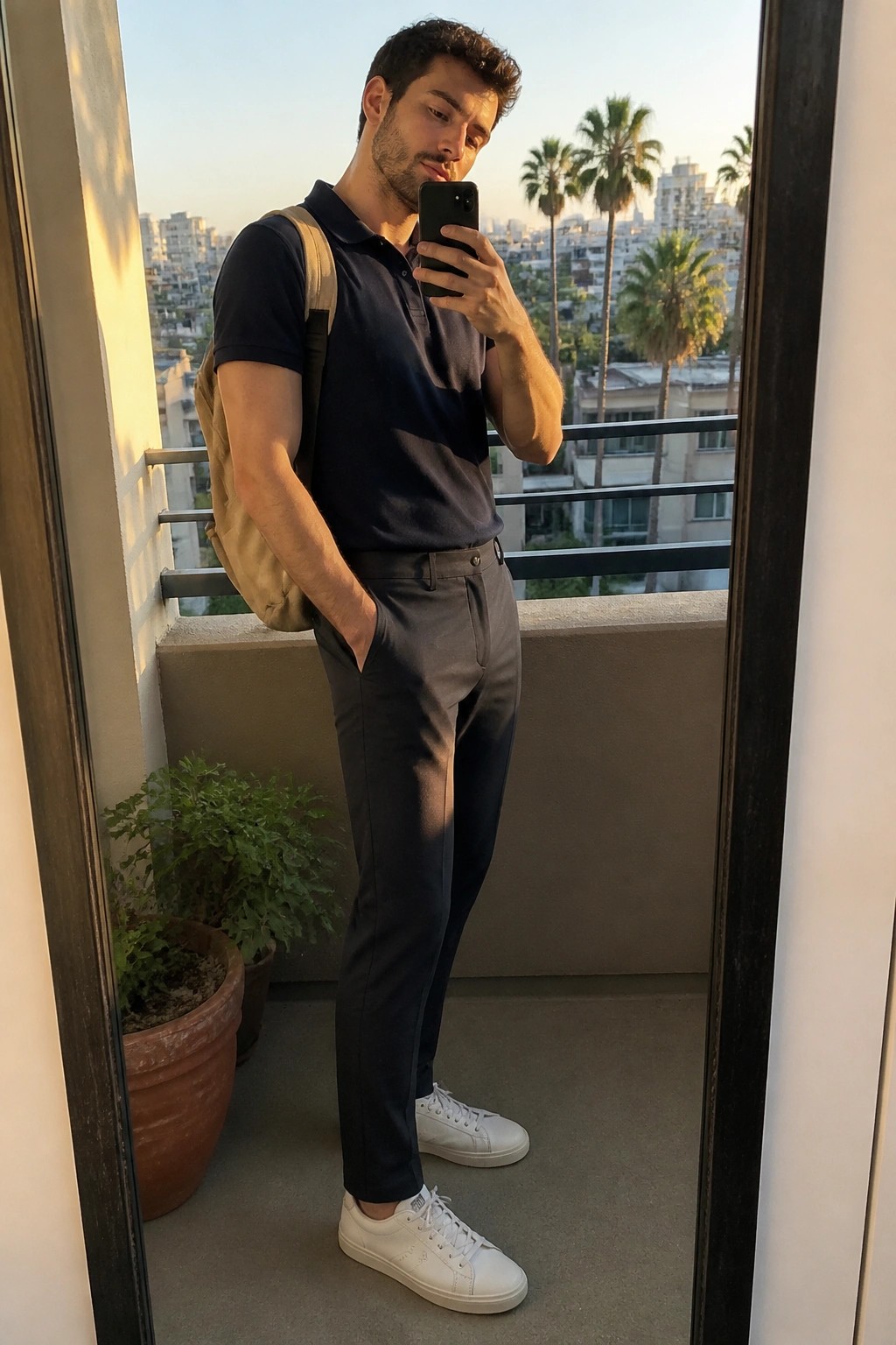 Man in navy polo with backpack taking mirror selfie on sunny city balcony