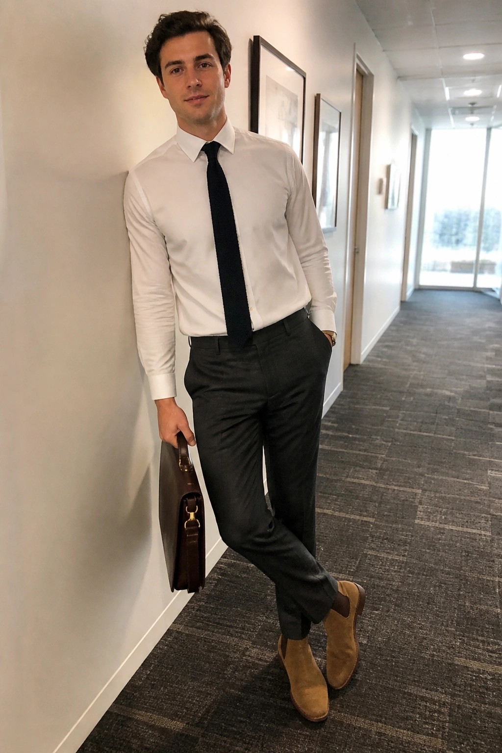 Man in white shirt and black tie holding brown briefcase in office hallway
