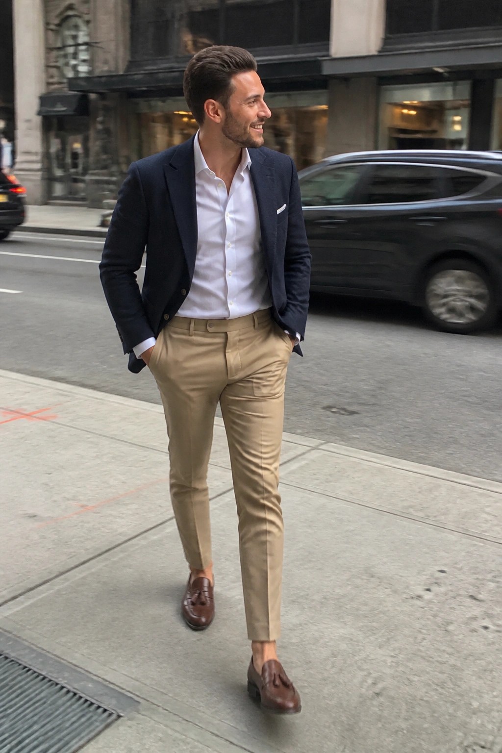 Man wearing slim fit khaki pants, navy blazer, white dress shirt, and brown tassel loafers standing on a city sidewalk with hands in pockets.
