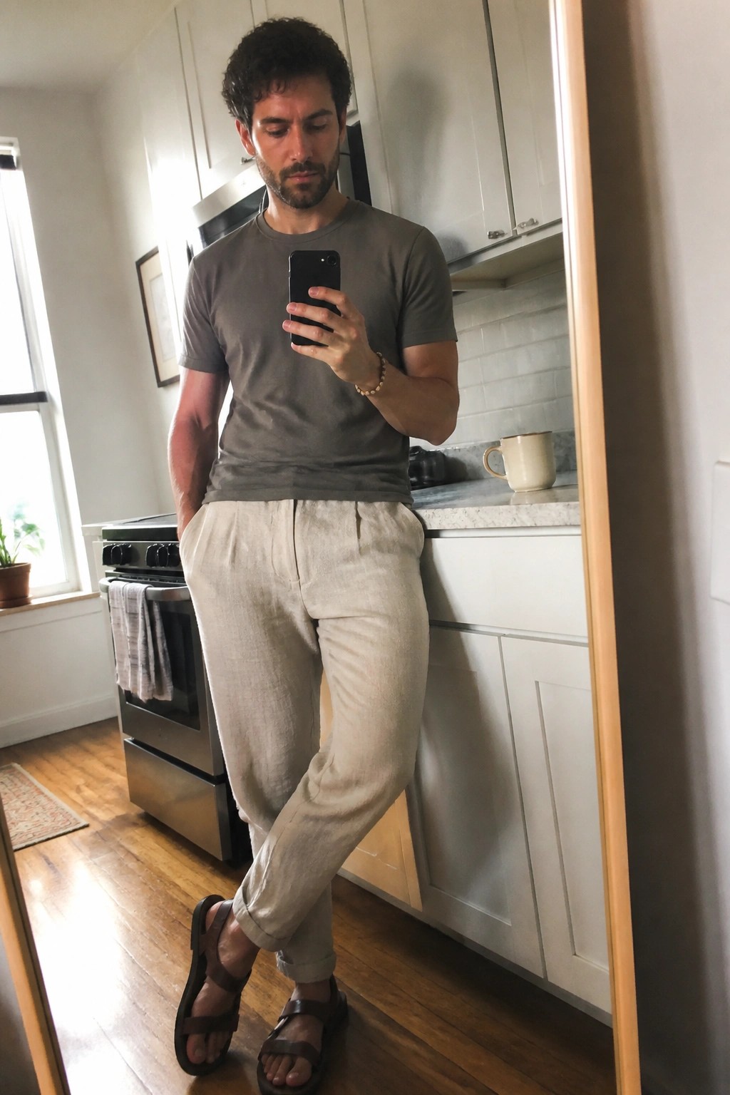 Man in gray t-shirt and beige pants taking mirror selfie in kitchen.