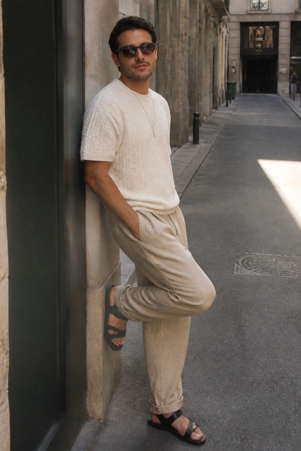 Man in white knit shirt and beige pants leaning on city sidewalk wall