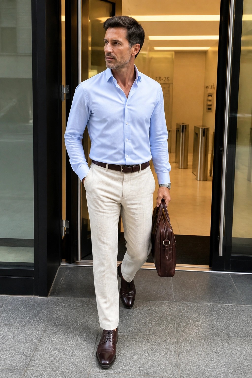 Man in light blue shirt and beige pants holding brown briefcase at entrance