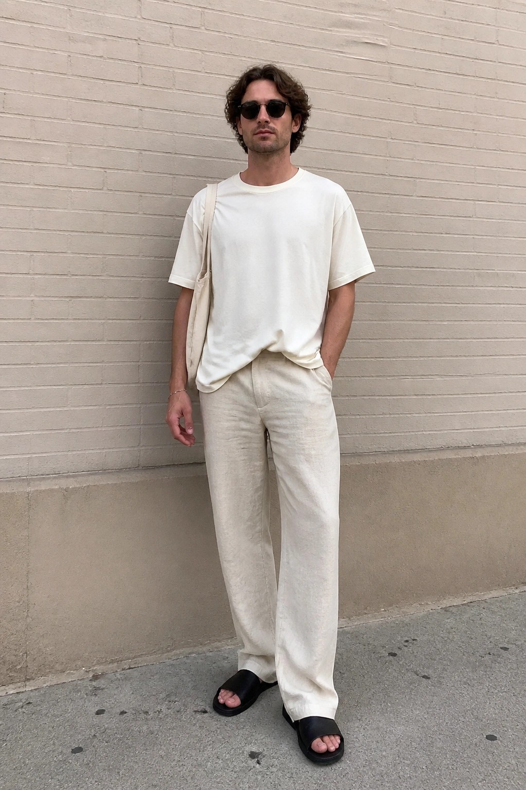 Man wearing beige linen pants, an oversized off white t shirt, black slides, and carrying a beige canvas tote against a brick wall.
