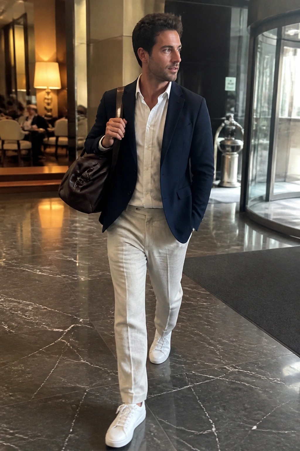 Man in navy blazer, beige pants, and white sneakers carrying brown leather bag.