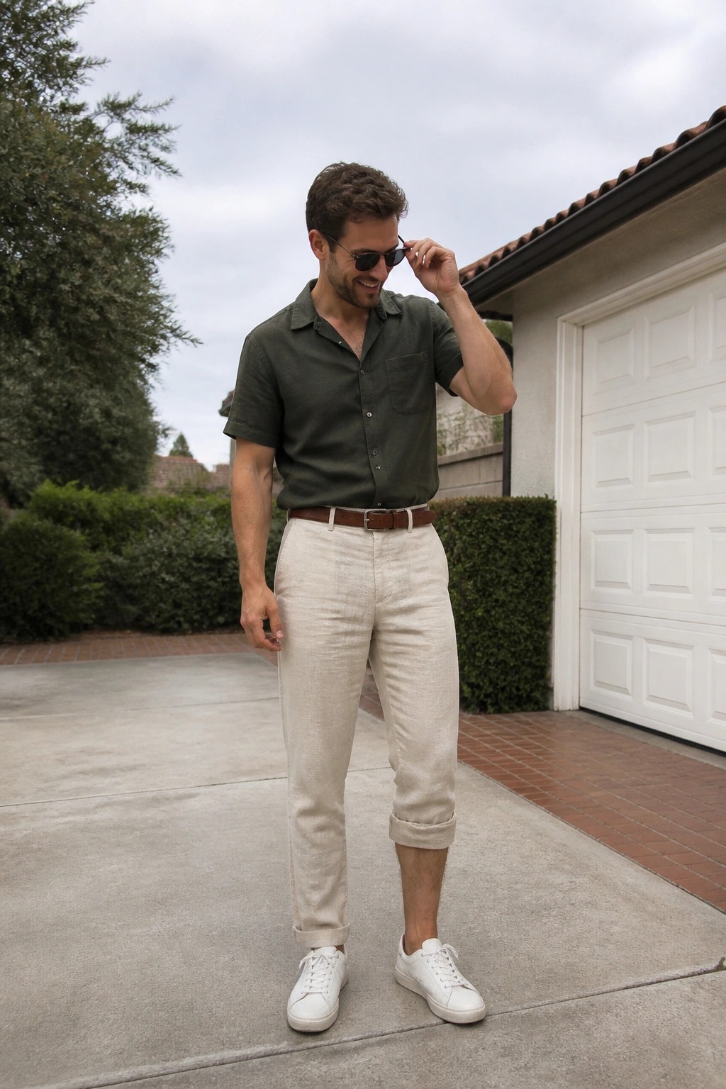 Man in green shirt and beige pants adjusts sunglasses on driveway