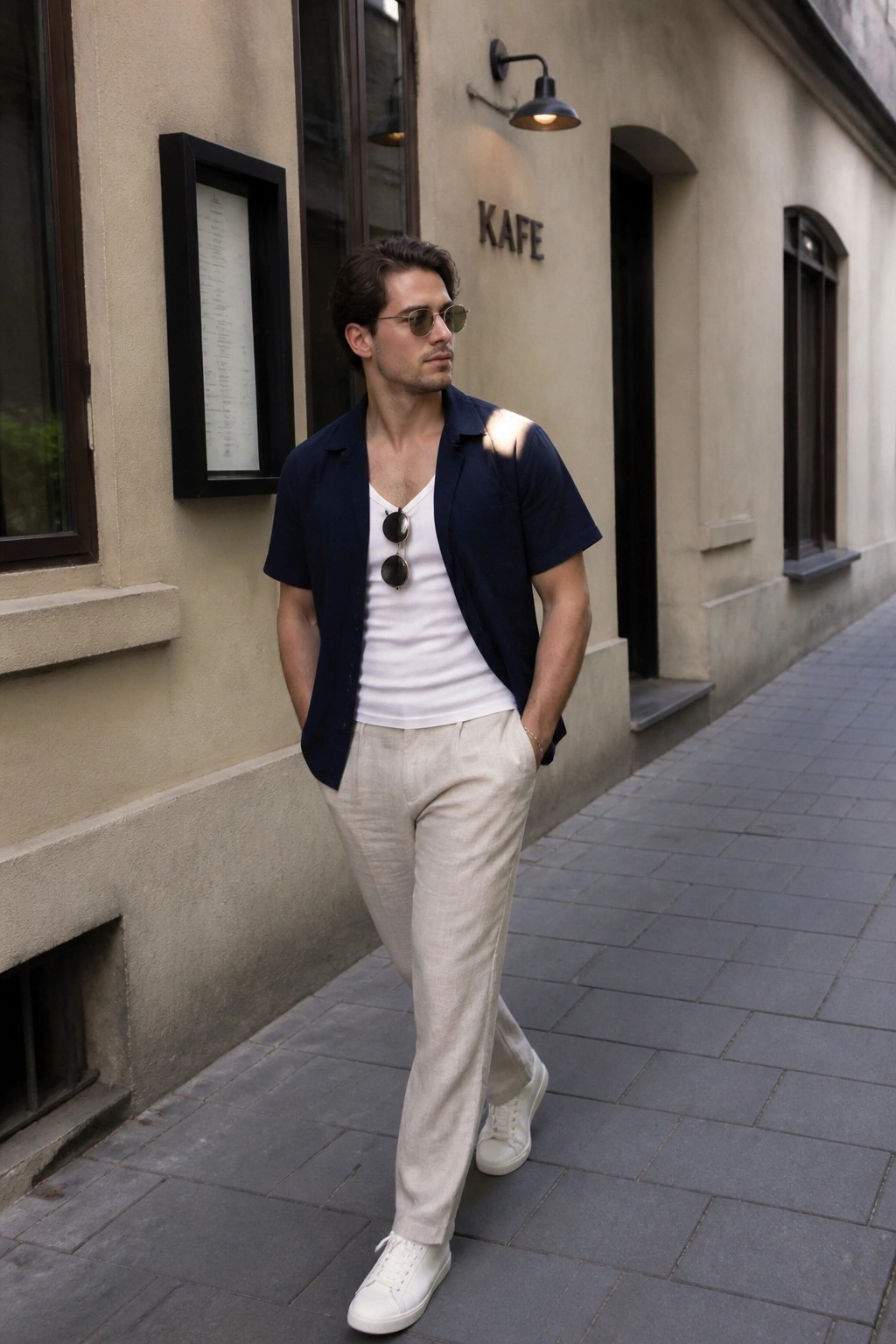 Man in navy shirt over white tee and beige pants on urban sidewalk.
