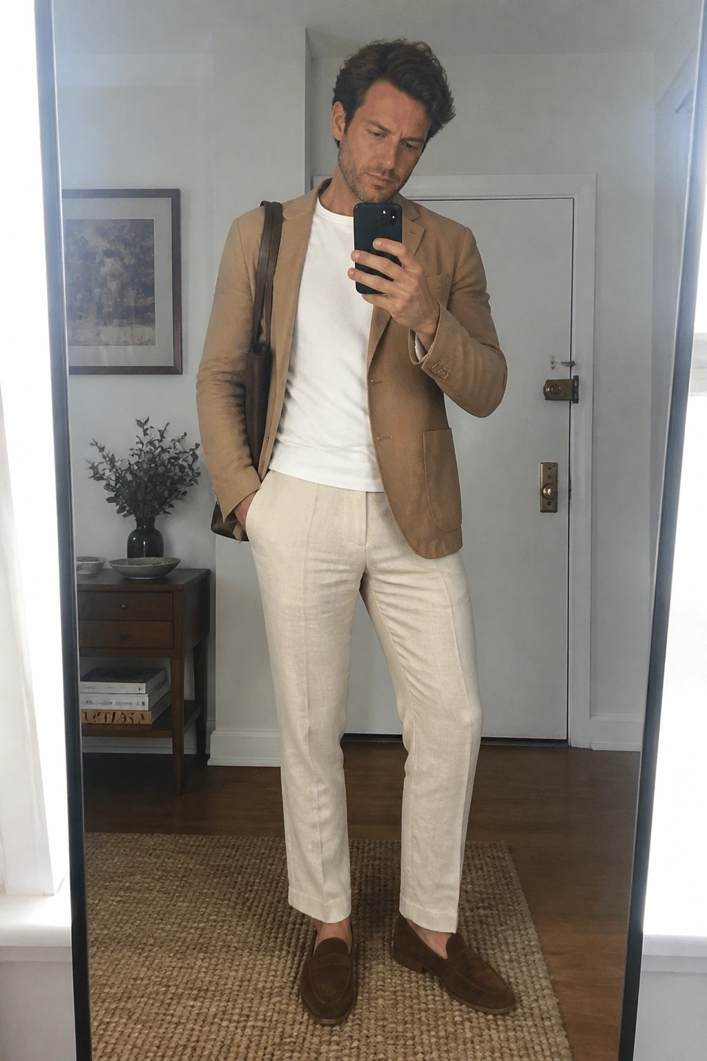 Man in tan blazer and white linen pants taking mirror selfie with phone