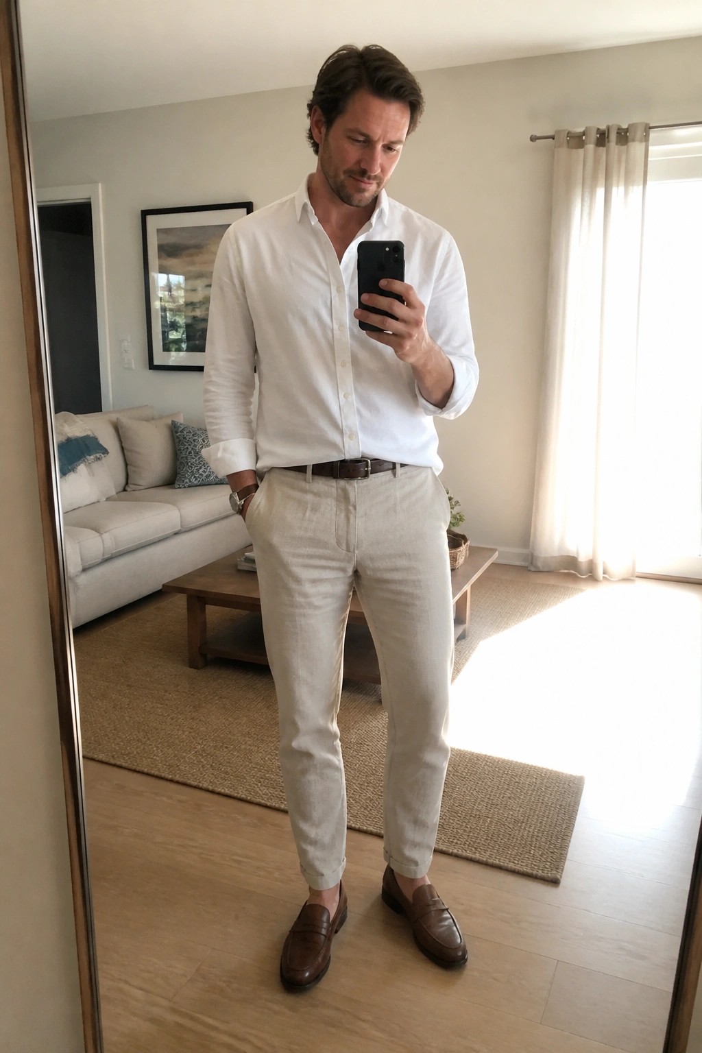 Man in white shirt and beige pants taking mirror selfie in living room.