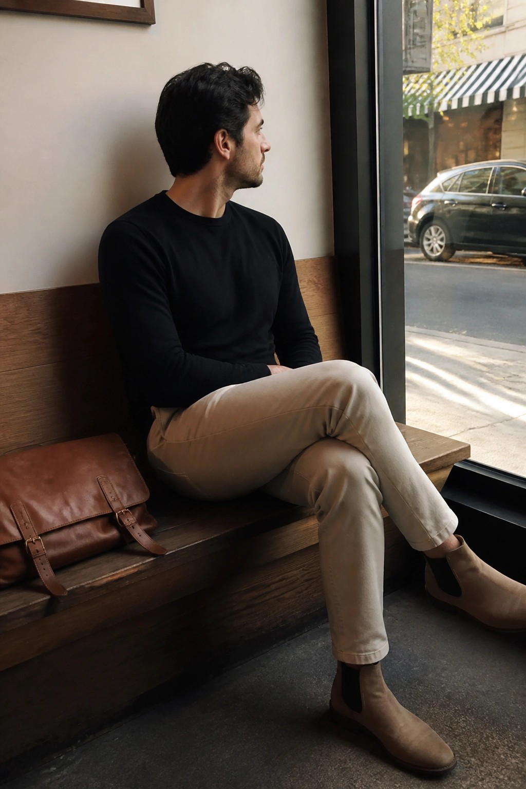 Man in black shirt and beige pants sits on wooden bench with leather bag by window