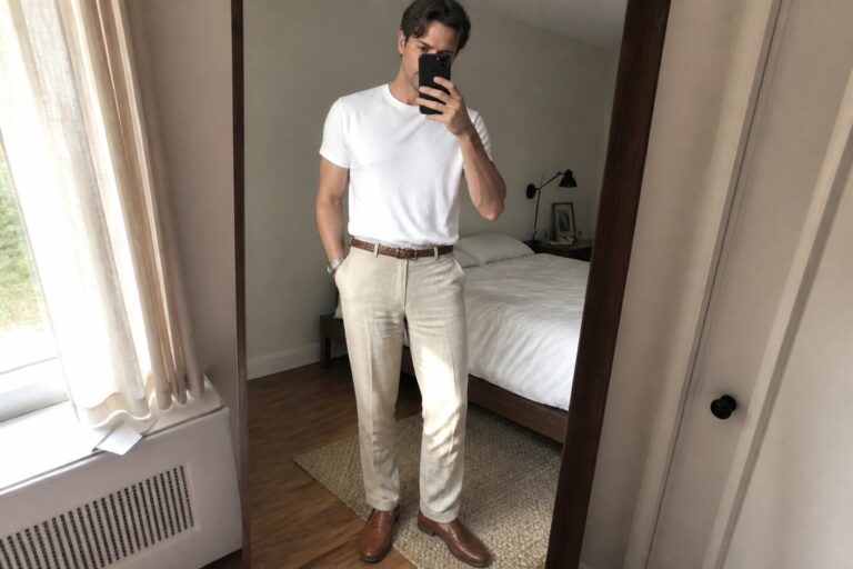 Man in white t-shirt, beige pants, brown belt and loafers taking bedroom mirror selfie