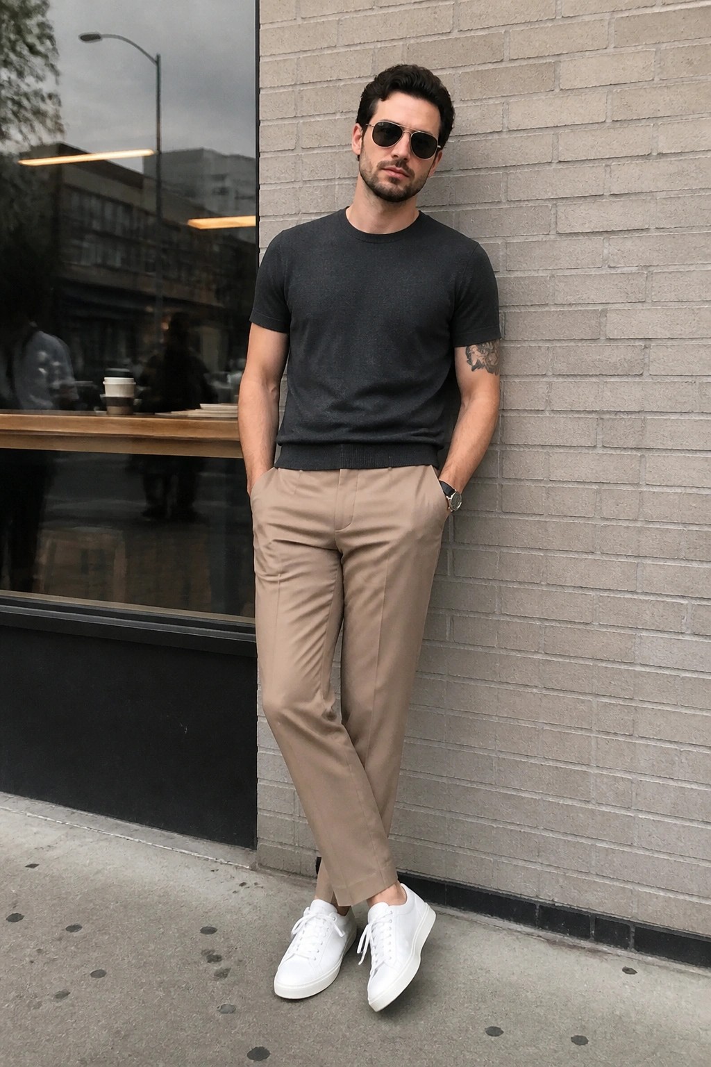 Man in gray t-shirt and beige pants leans against brick wall wearing sunglasses