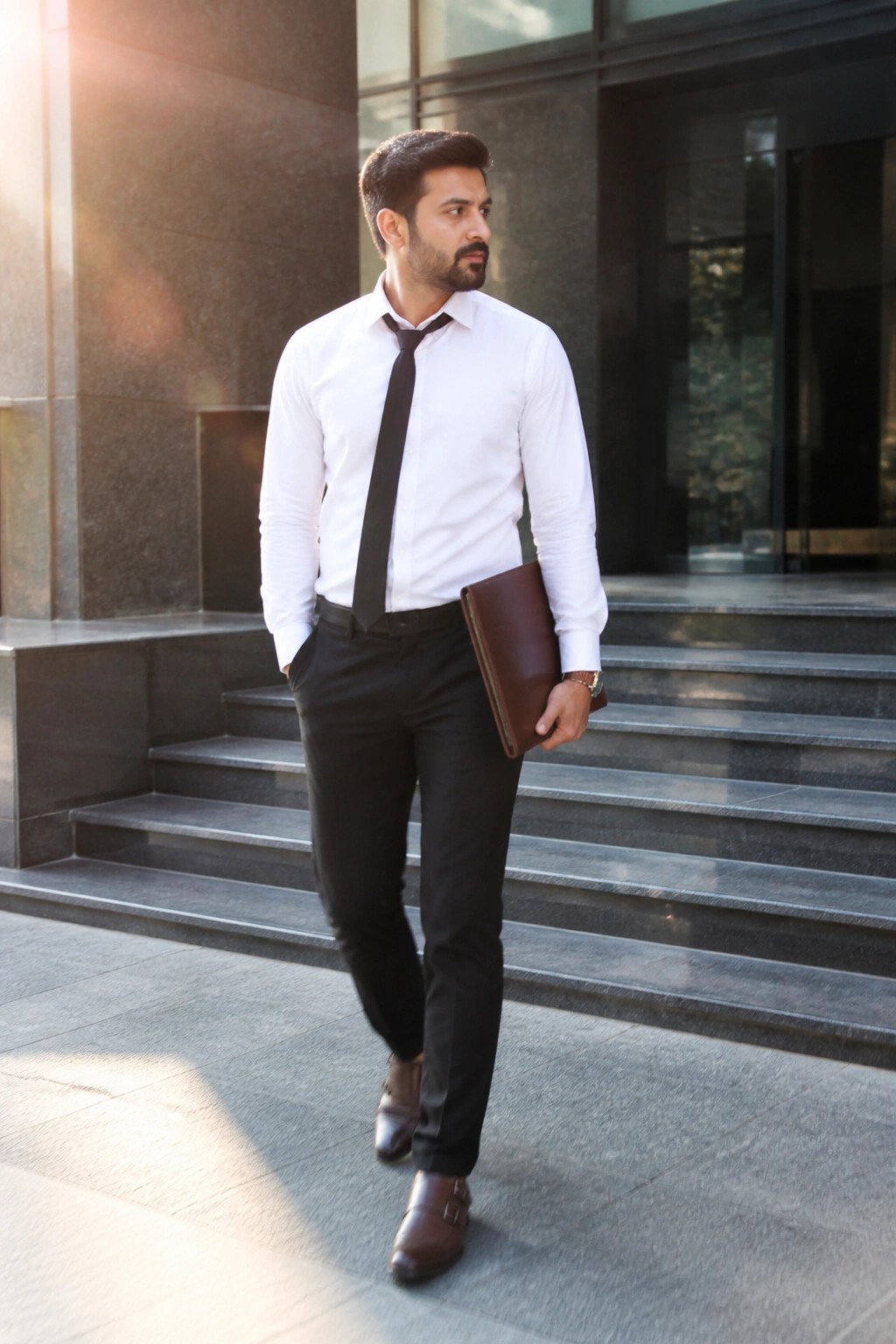 Businessman in white shirt and black tie descending steps with brown portfolio.