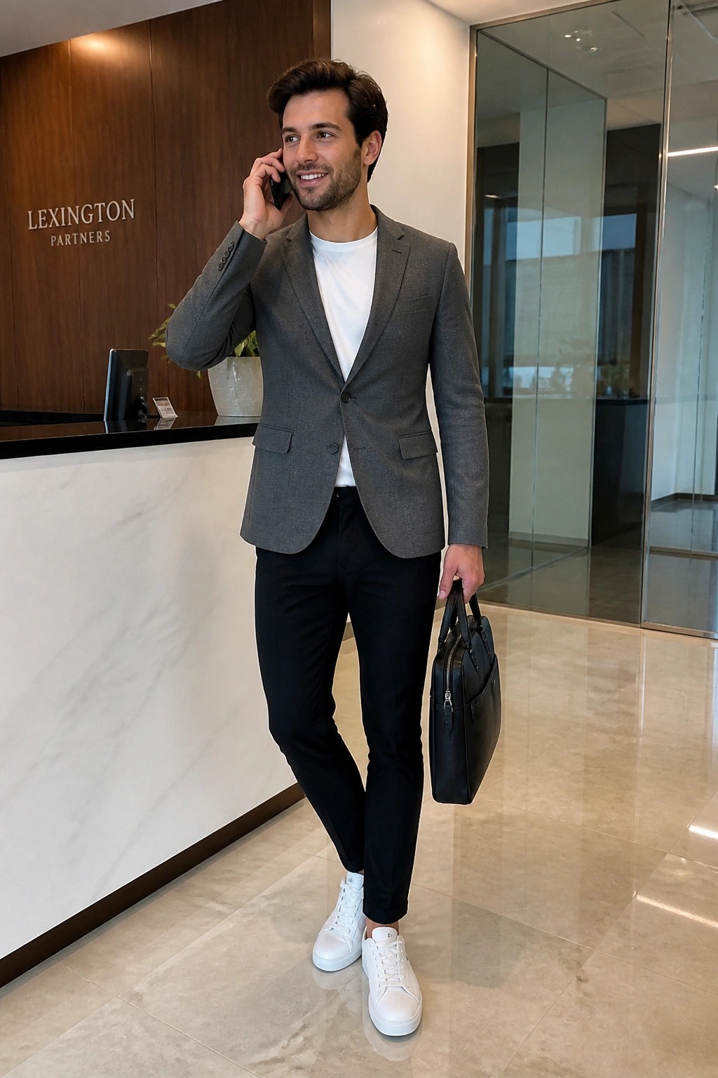 Man in gray blazer talks on phone holding black bag in office lobby