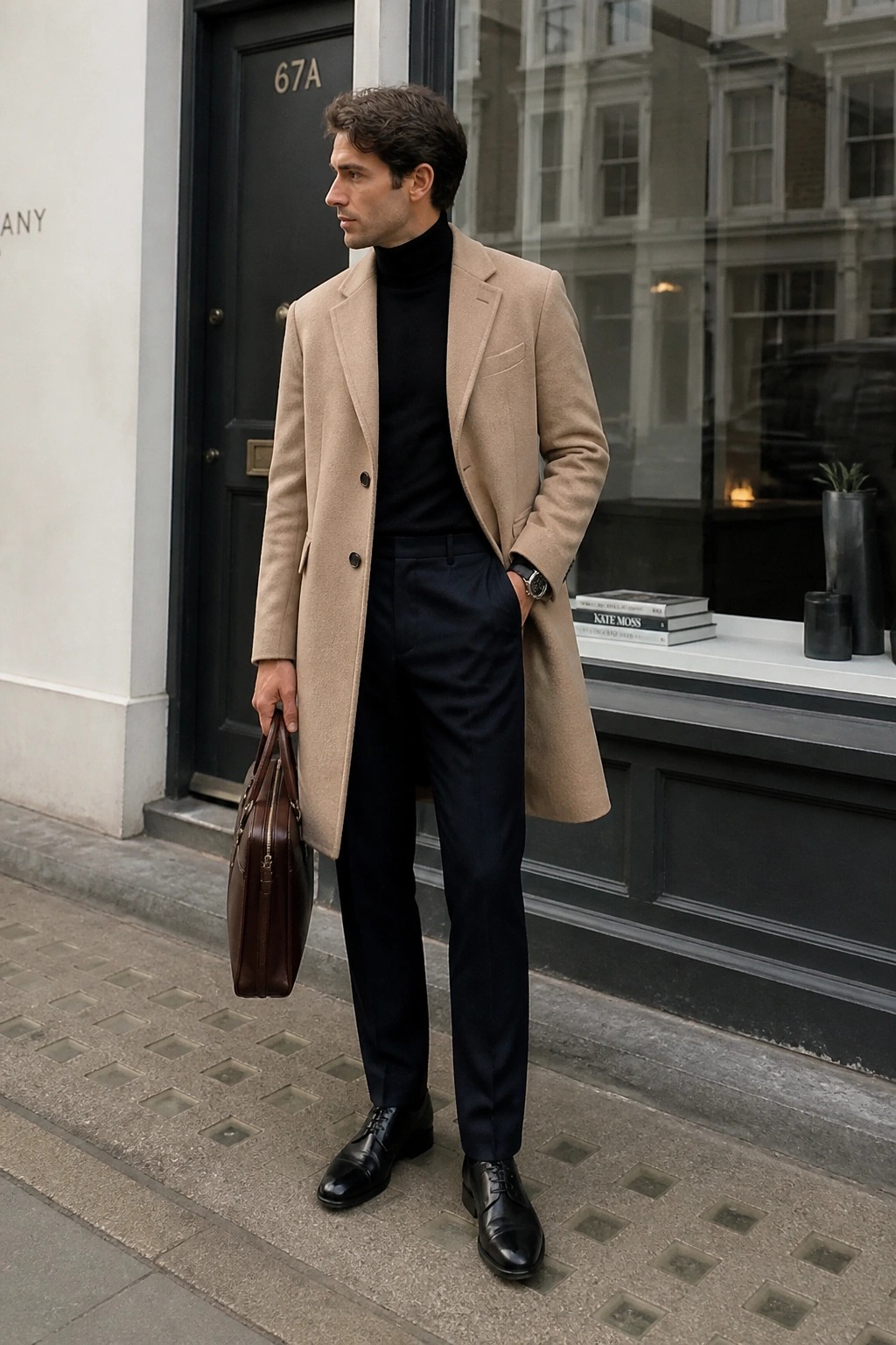 Man in beige overcoat and black turtleneck holding leather briefcase on sidewalk.