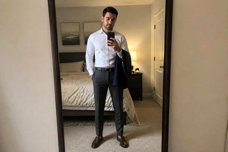 Man in white shirt and gray pants holding navy blazer for mirror selfie