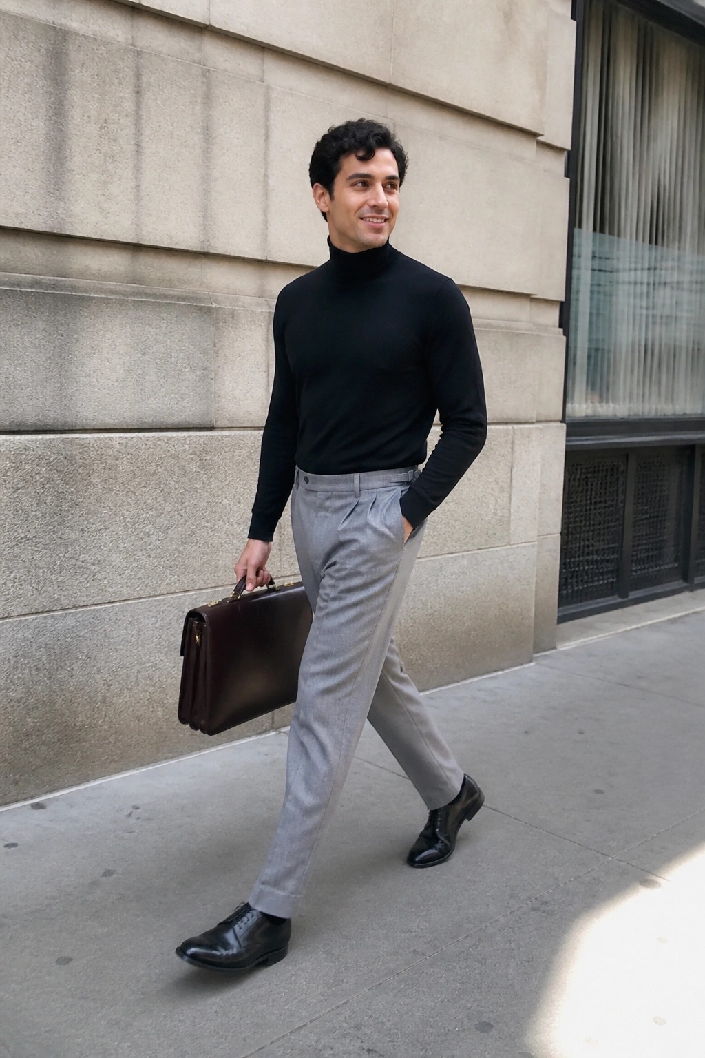 Man in black turtleneck and gray trousers carries brown briefcase on sidewalk.
