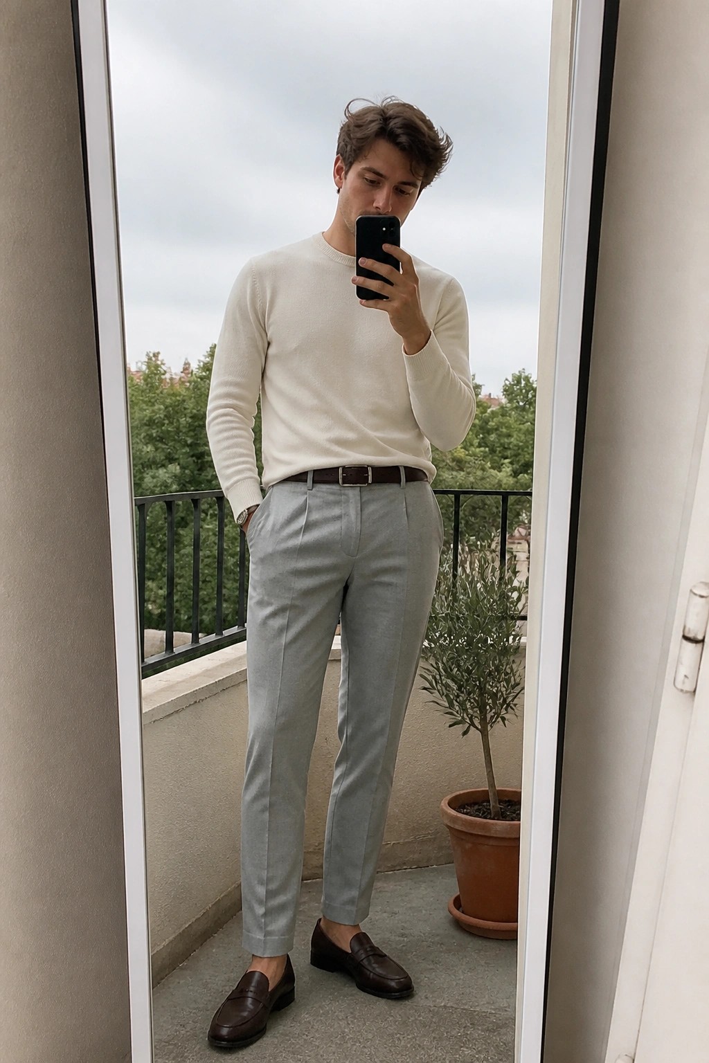 Man in white sweater and light gray trousers taking mirror selfie on balcony