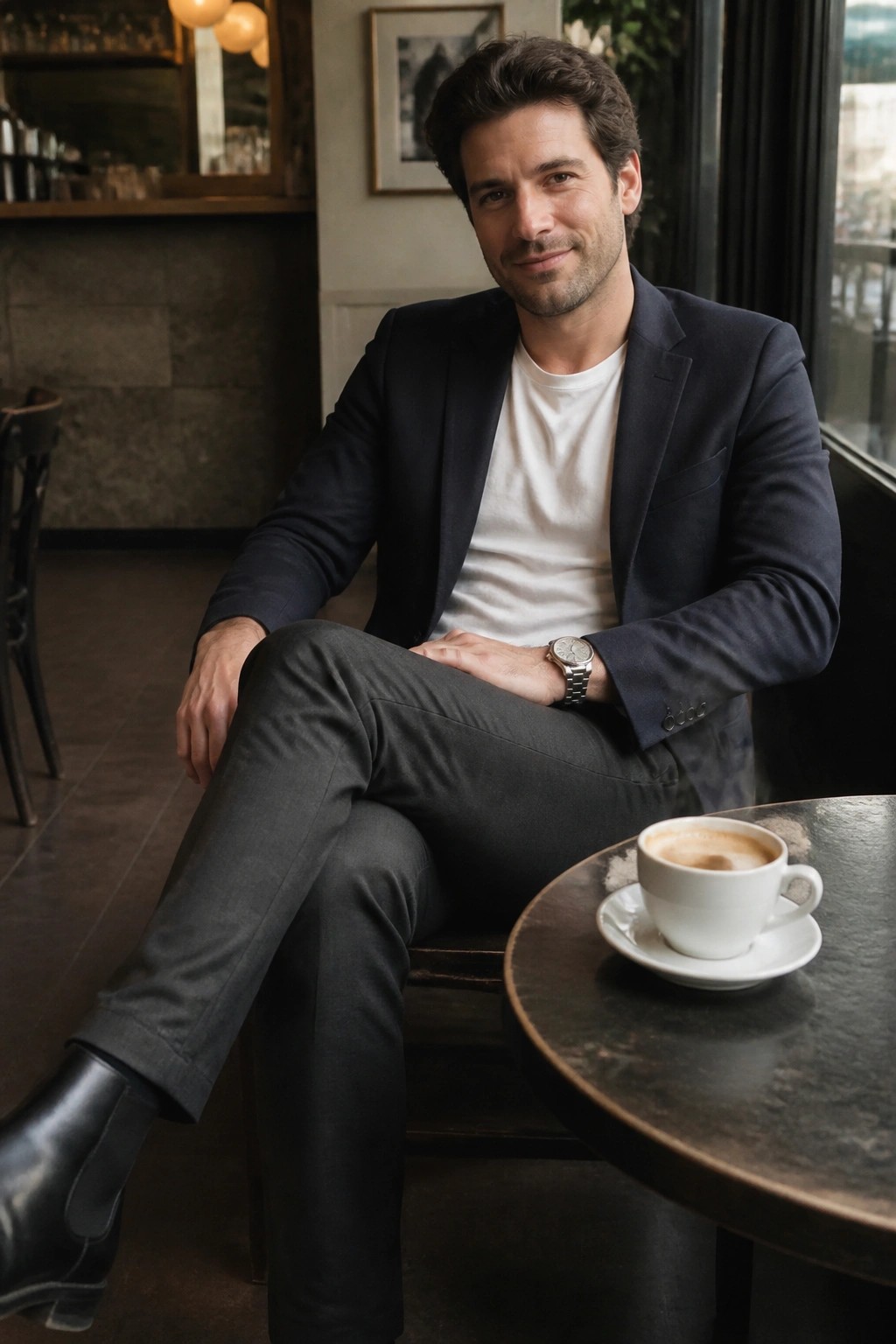 Man in navy blazer and white t-shirt seated at cafe table with coffee