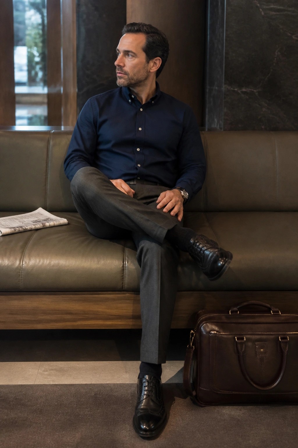 Man in navy shirt and gray pants on brown leather couch beside briefcase