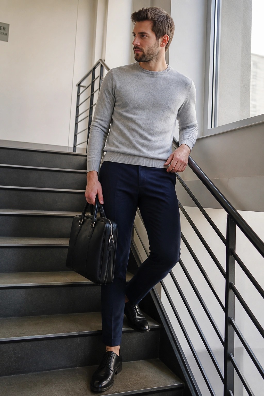 Man in gray sweater and navy trousers holding black briefcase on staircase
