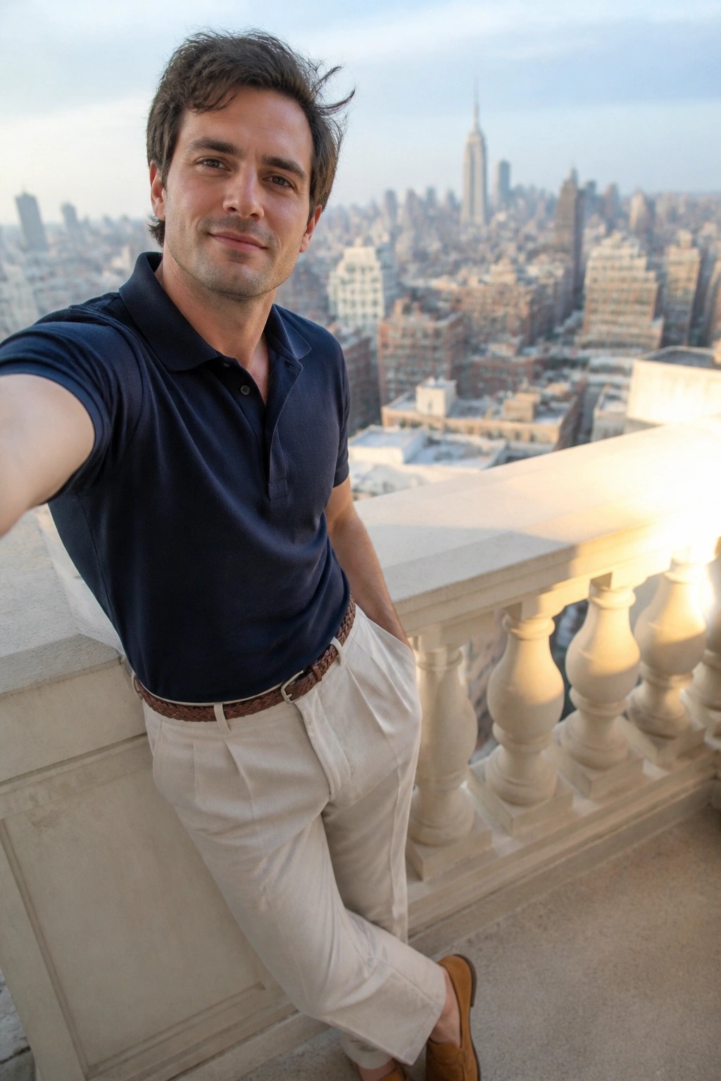 Man in navy polo shirt and white pants taking balcony selfie with city skyline