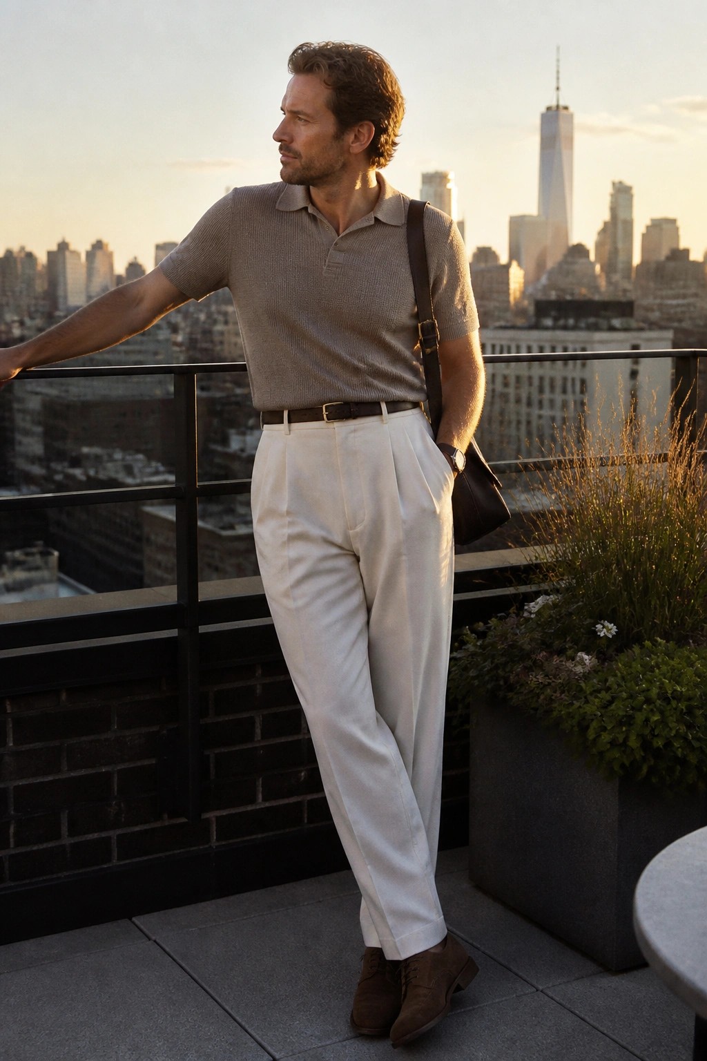 Man in beige polo and white trousers on NYC rooftop at sunset