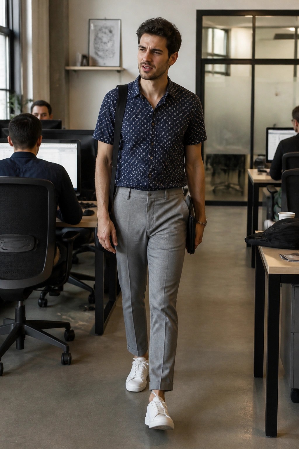 Man in blue patterned shirt and gray pants walks through modern office