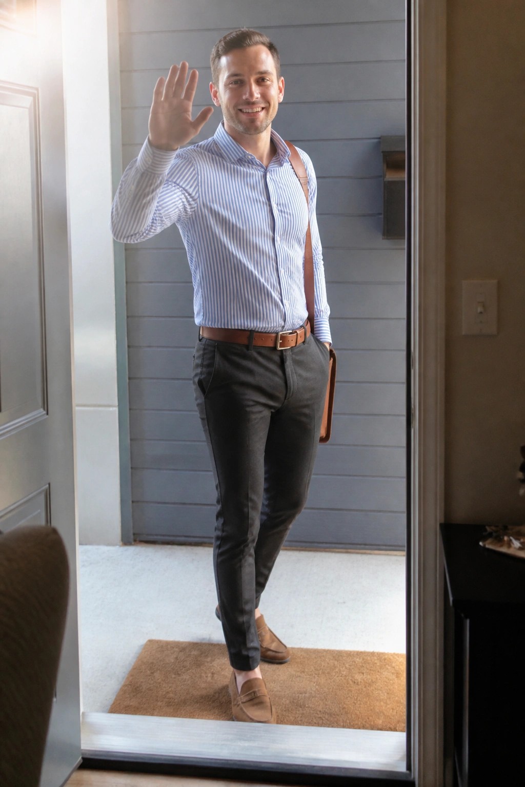 Smiling man in striped shirt and gray pants waves from doorway.