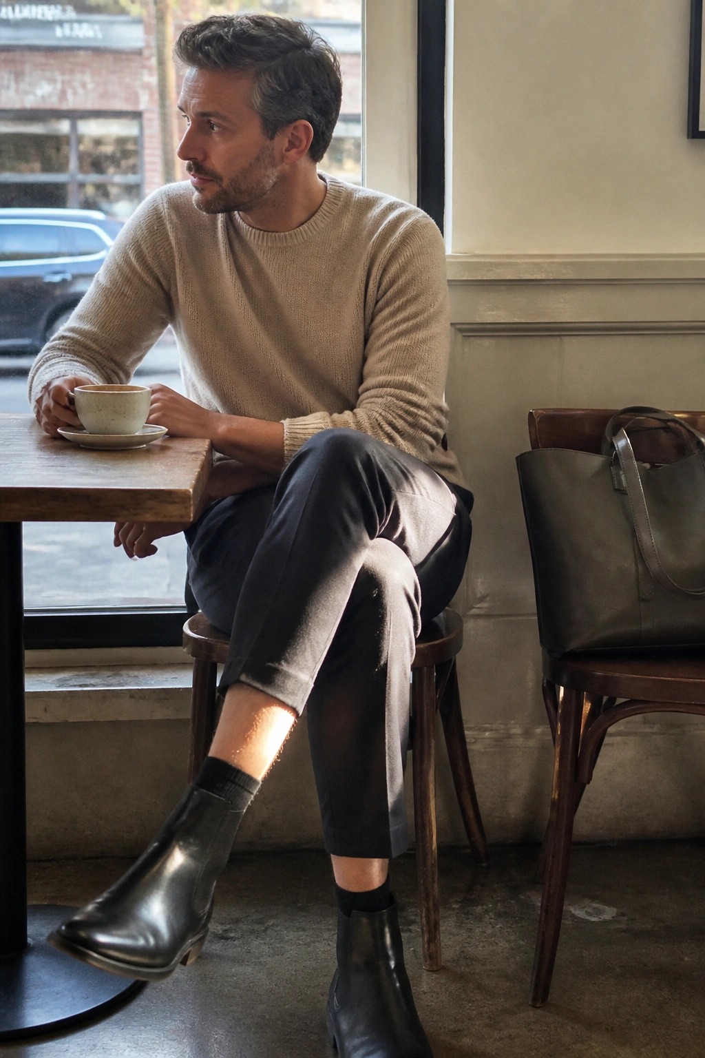 Man in beige sweater and black boots sits at cafe table with leather bag.