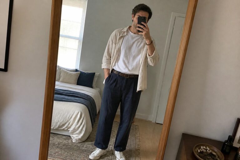 Man in white tee, beige shirt, navy trousers taking mirror selfie in bedroom.
