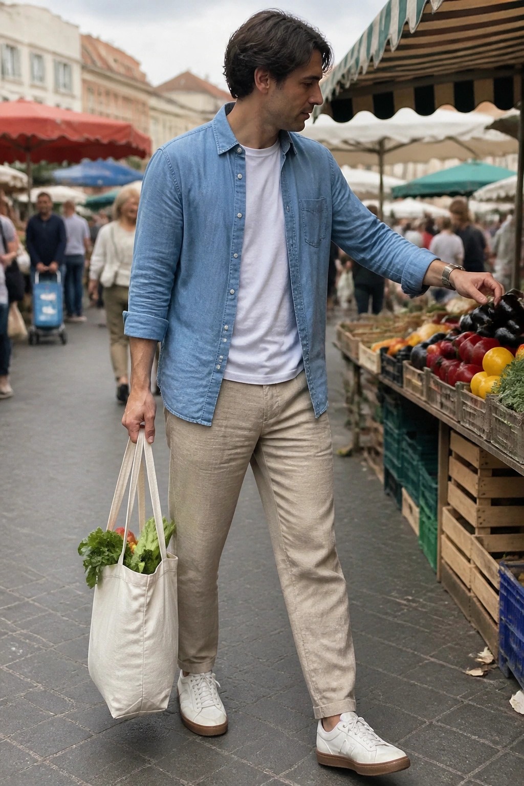 Man in blue denim shirt reaching for eggplants while holding canvas tote at market