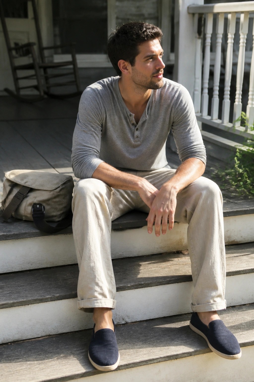 Man in gray henley shirt and beige pants on porch steps beside canvas bag