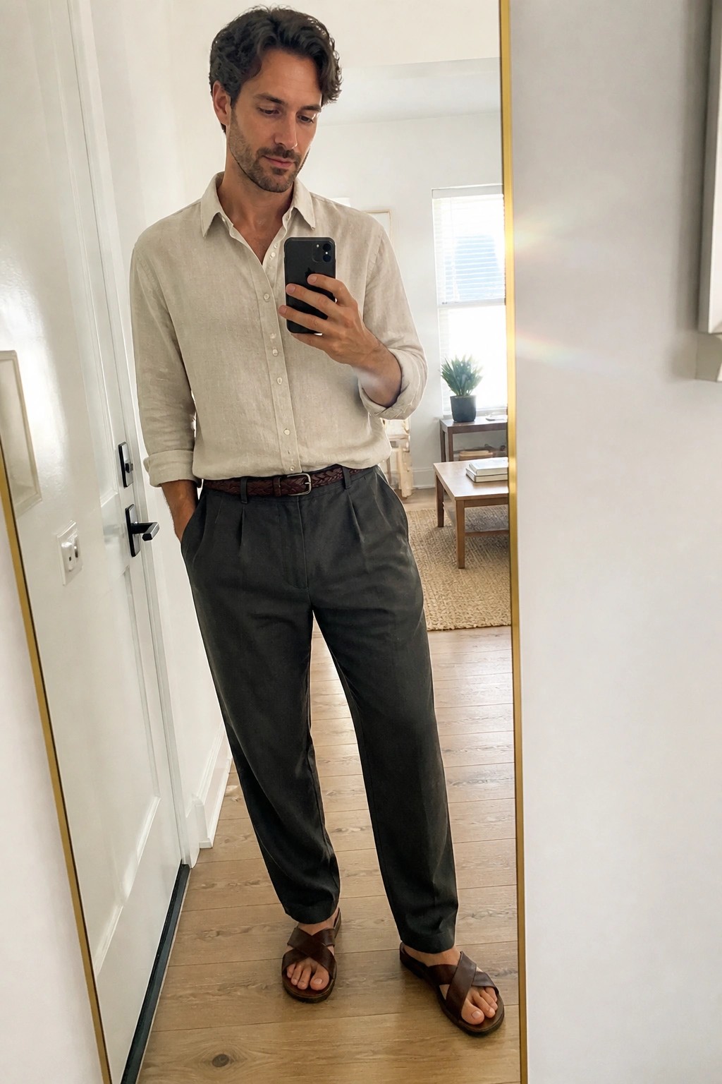 Man in beige linen shirt and dark pleated pants taking mirror selfie with phone