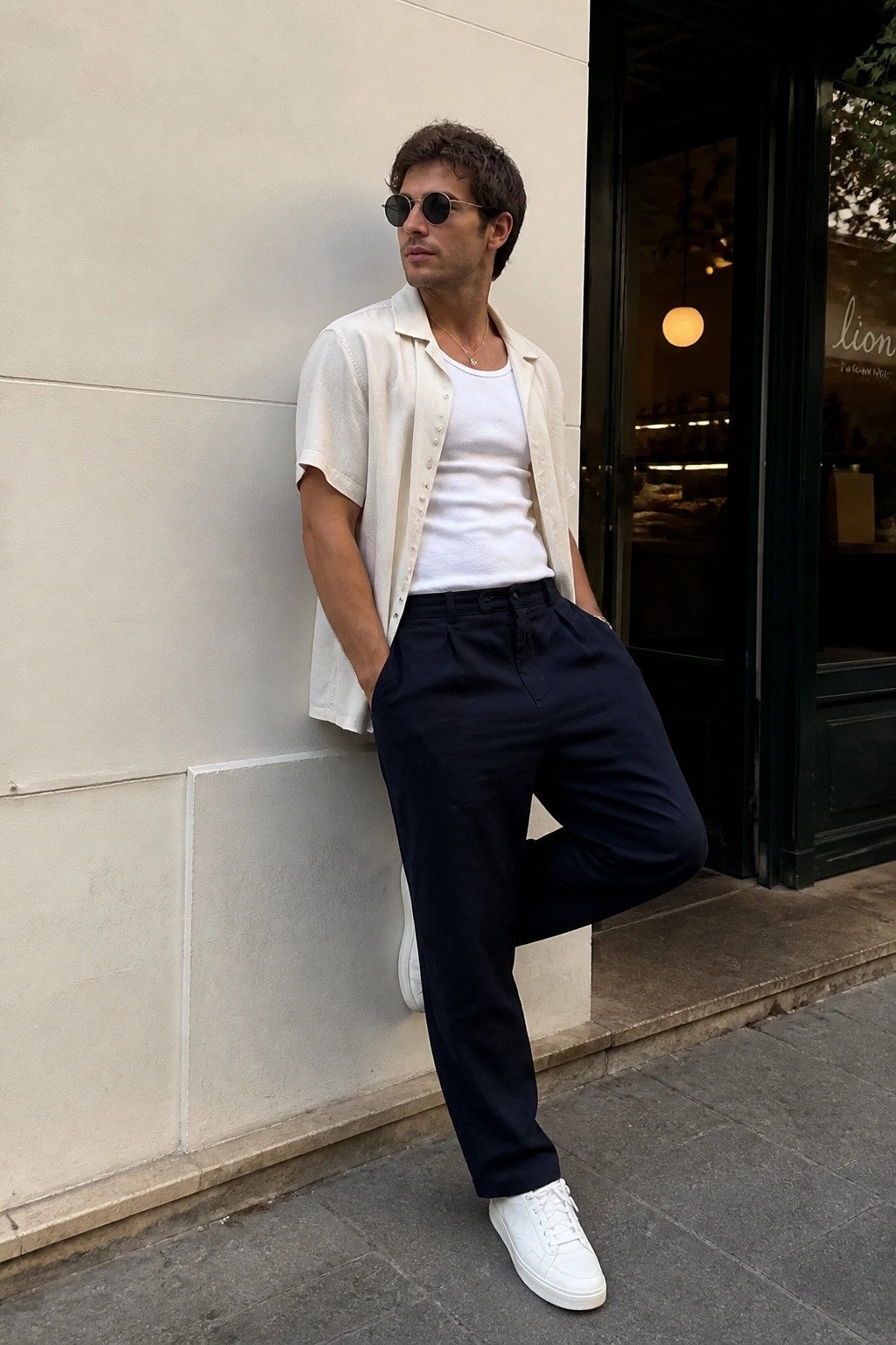 Man in white shirt and navy pants leaning against wall wearing sunglasses.
