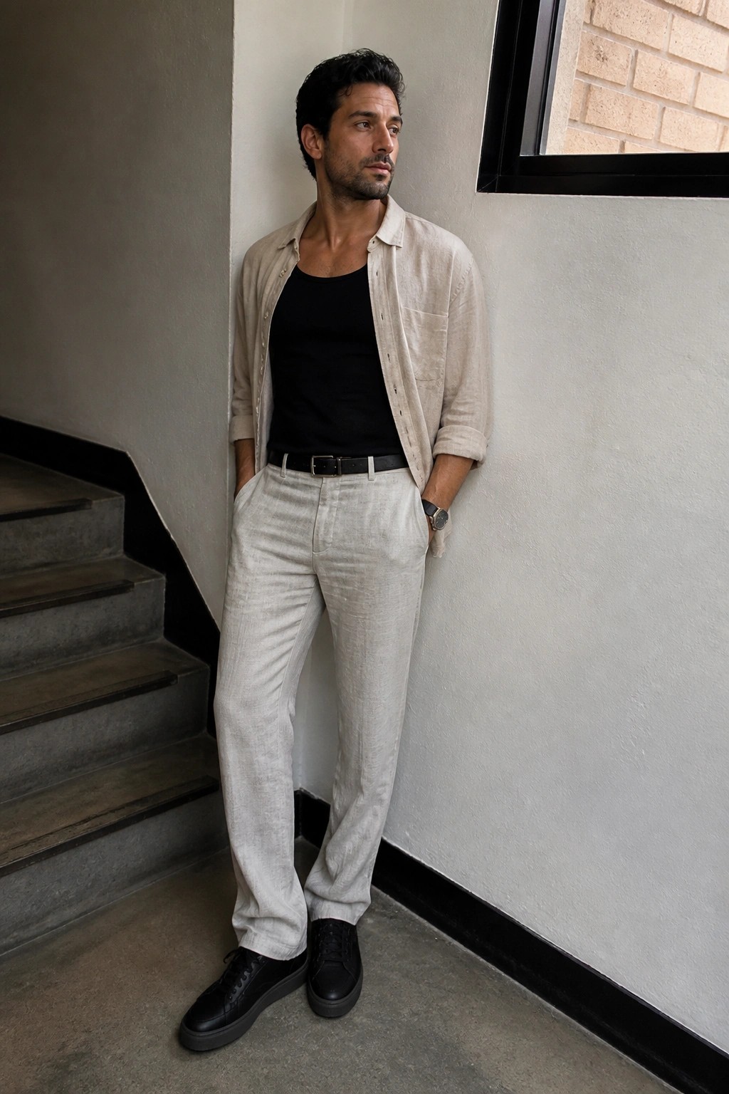 Man in beige linen shirt and light pants leaning by concrete stairs