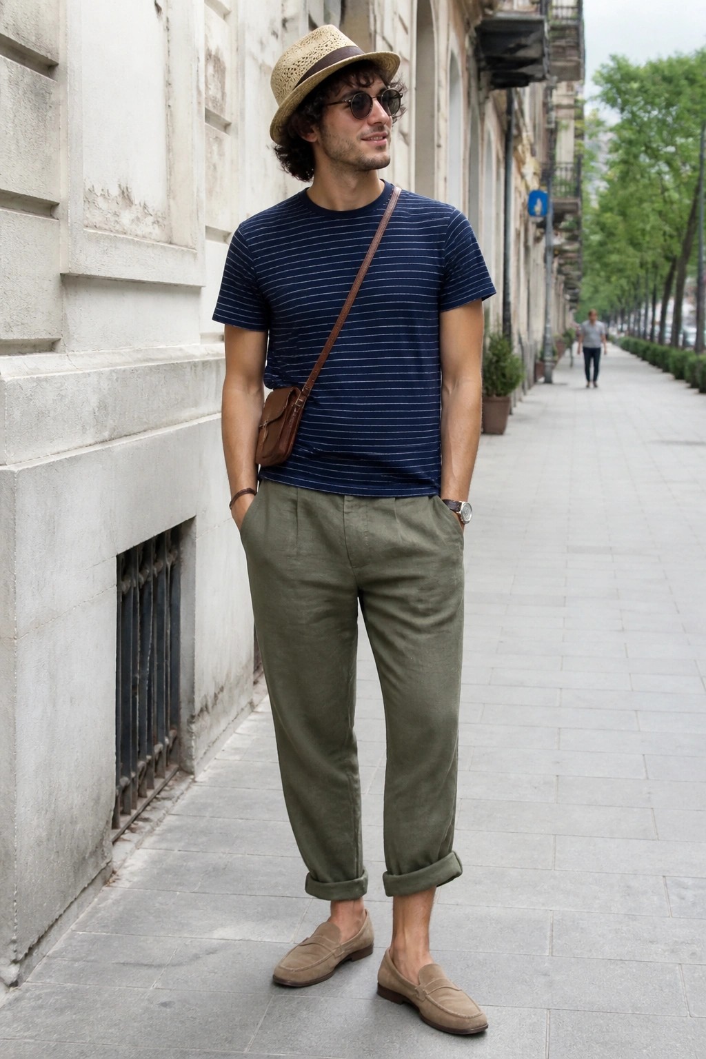 Man in striped shirt, green pants, straw hat, and sunglasses on city sidewalk