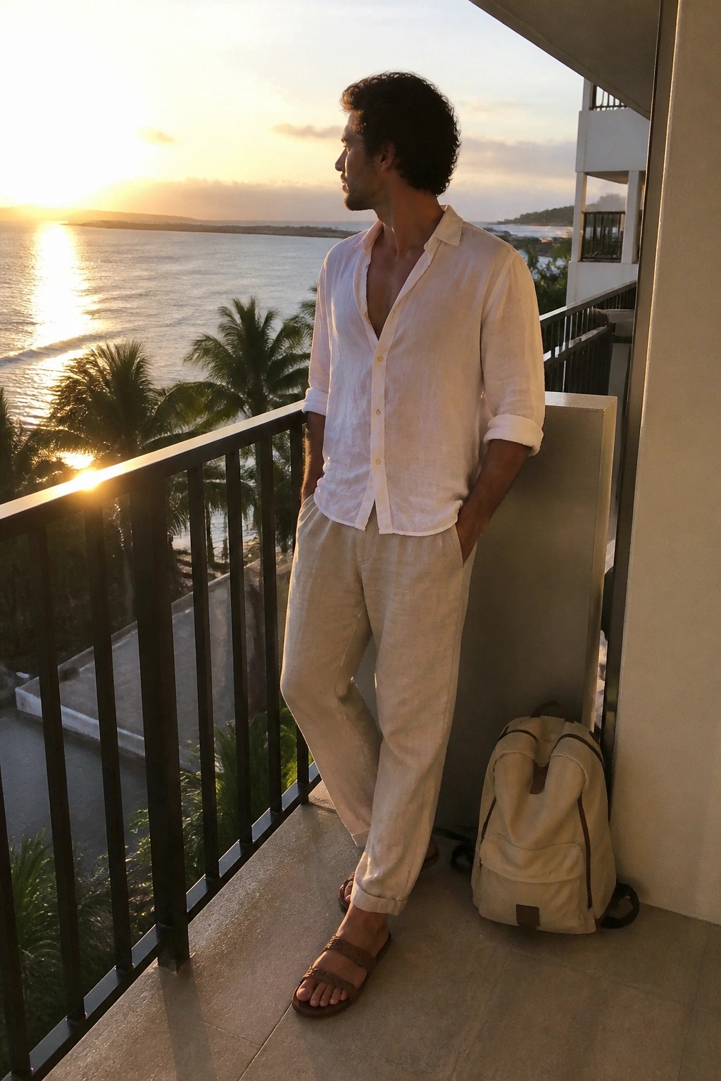 Man in white shirt and beige pants on sunset balcony with backpack nearby