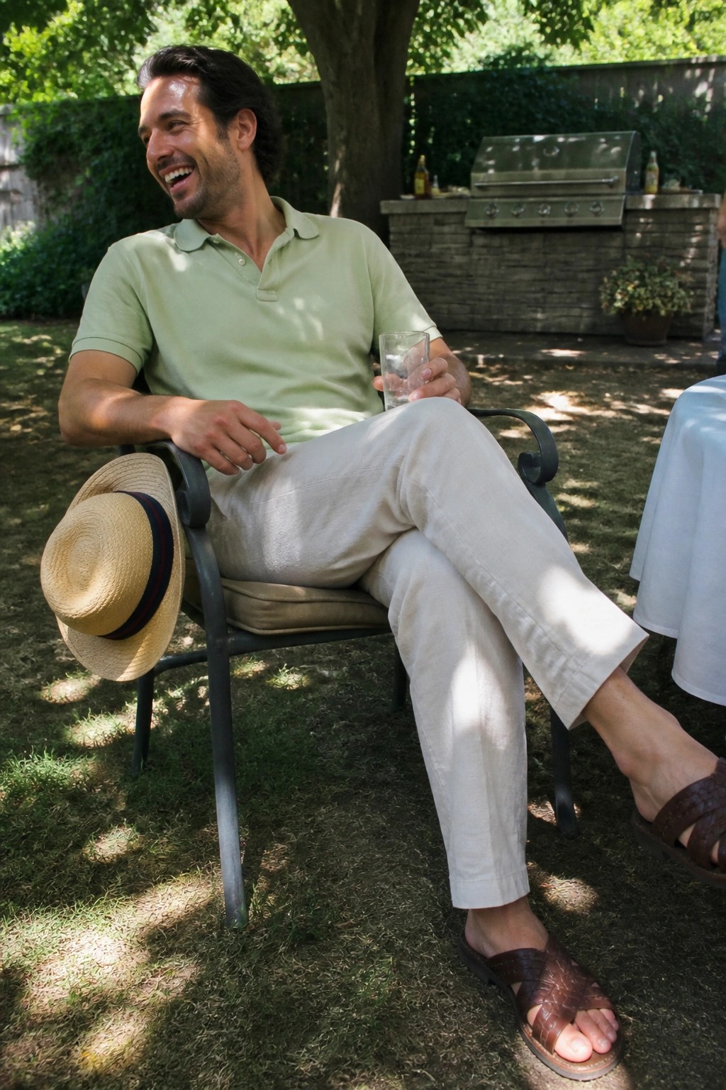 Man in sage green polo and beige pants outdoors with straw hat and drink