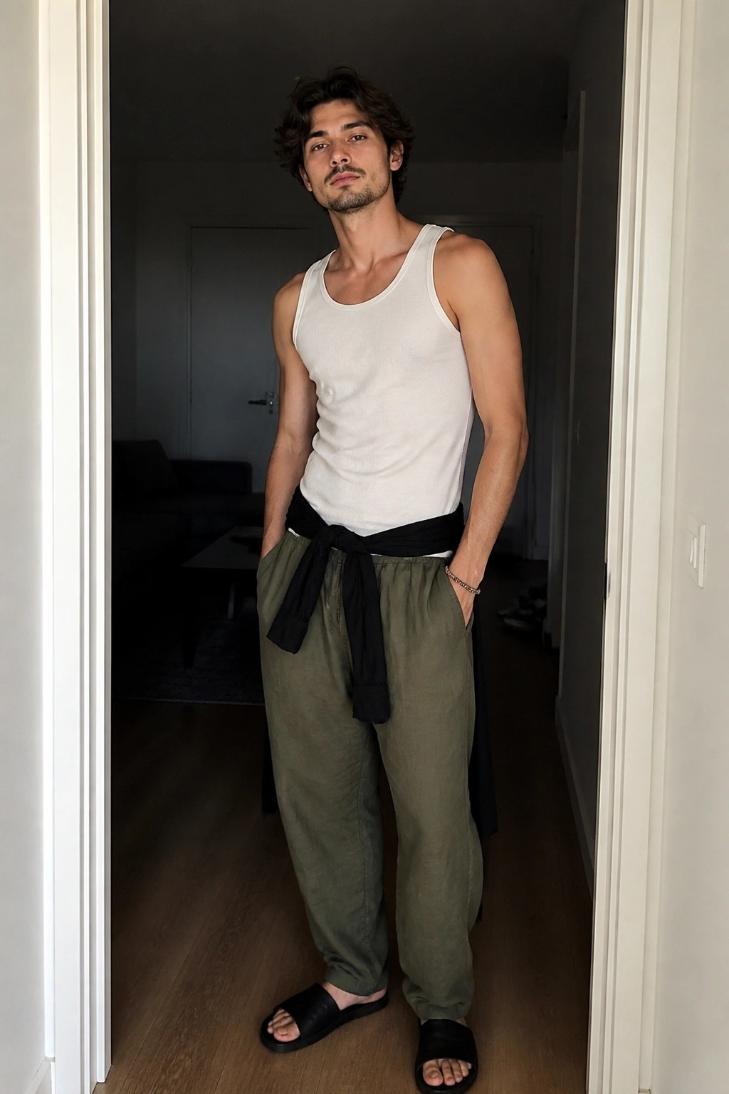 Man with curly hair in white tank top and olive pants standing in doorway